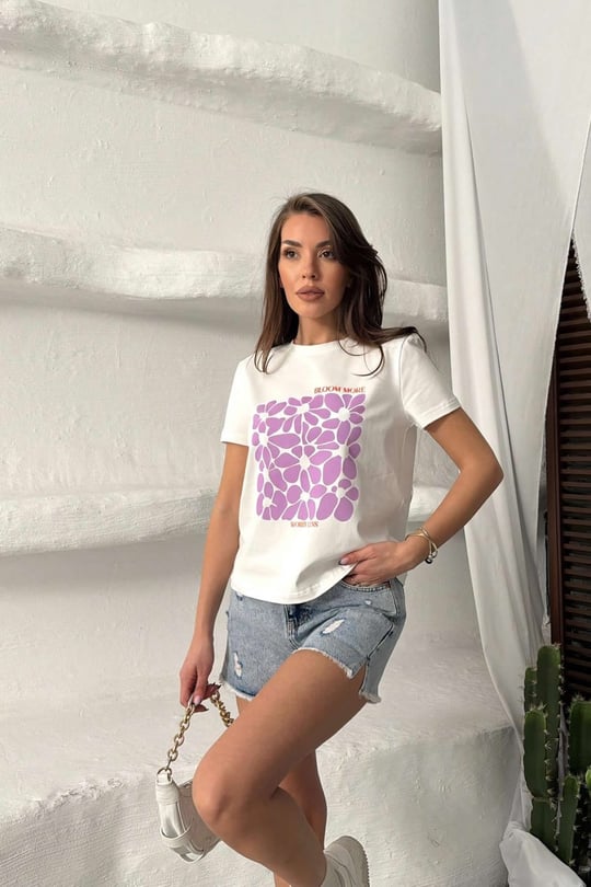 Kadın Beyaz Baskılı %100 Pamuk Tişört - 297RLX-2