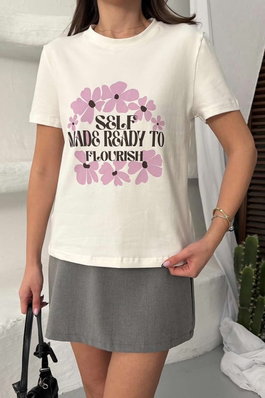Kadın Beyaz Baskılı %100 Pamuk Tişört - 297RLX-1