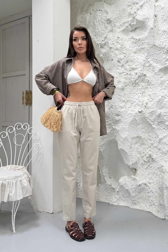 Kadın Ekru Havuç Paça Keten Pantolon - 5102RLX