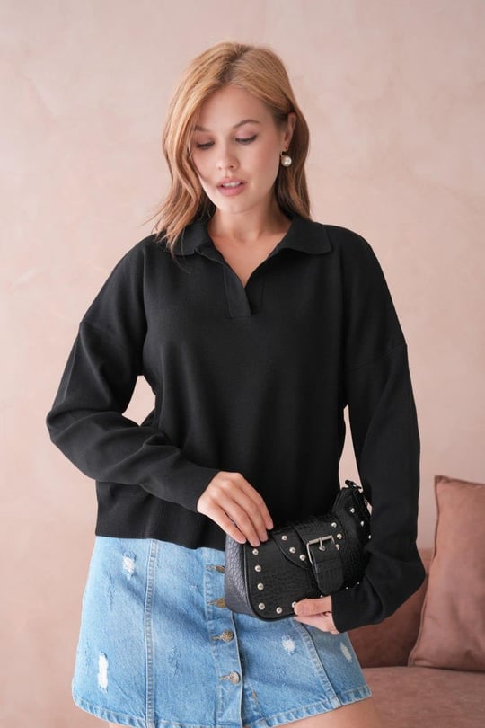 Kadın Fermuarlı Polo Yaka Triko Kazak - 12240R