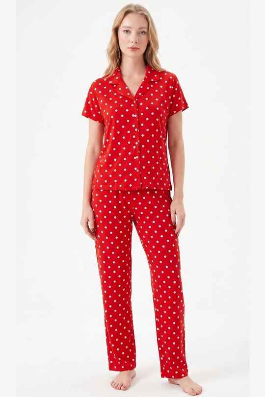Kadın Kırmızı Viskon Gömlek Pijama Takımı - LB1002R