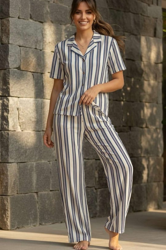 Kadın Mavi Çizgili Gömlek Pijama Takım - 26036R