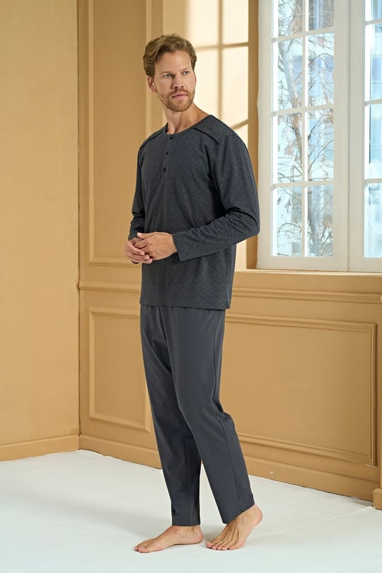 Erkek Antrasit %100 Pamuk Patlı Penye Pijama Takımı - 2275R