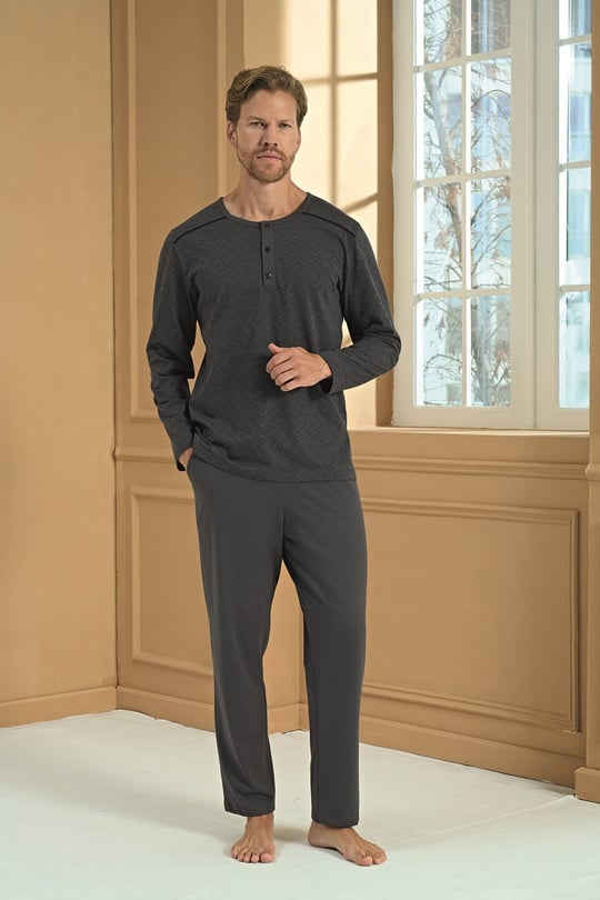 Erkek Antrasit %100 Pamuk Patlı Penye Pijama Takımı - 2275R