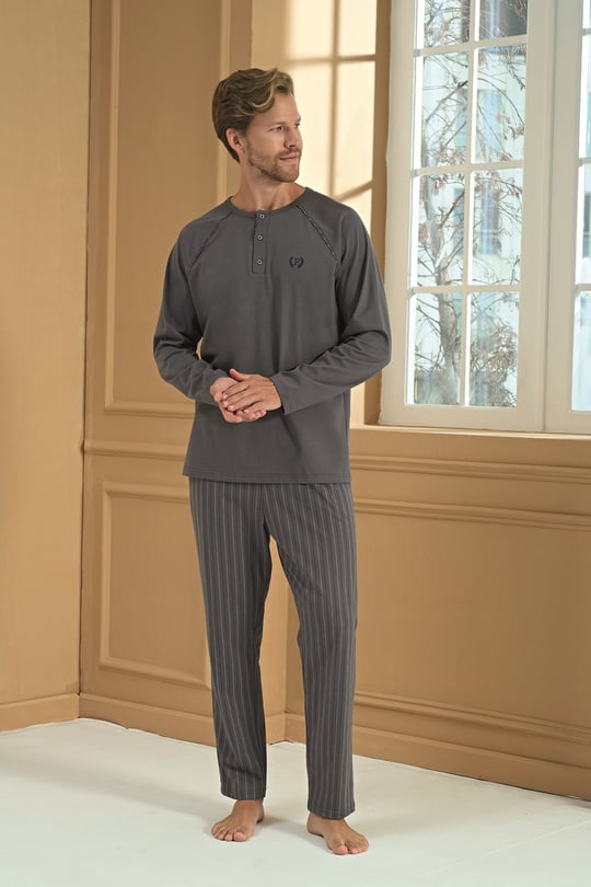 Erkek Antrasit Penye %100 Pamuk Patlı Pijama Takımı - 2276R