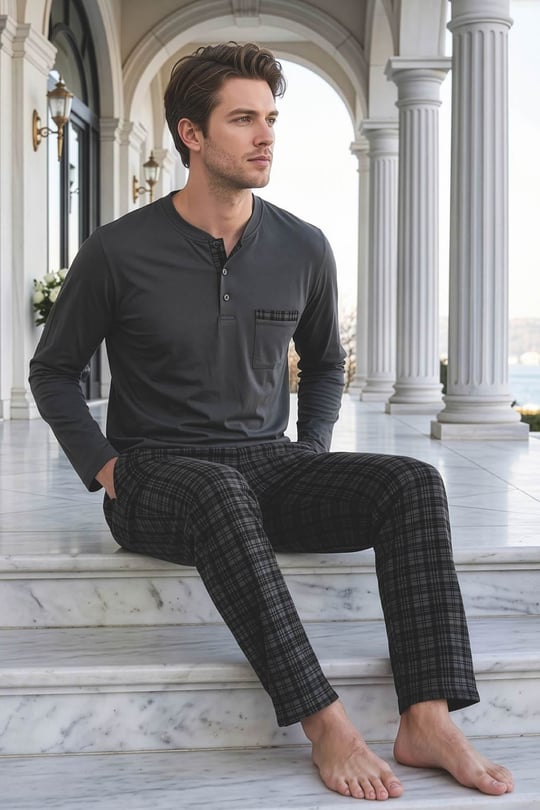 Erkek Antrasit Penye %100 Pamuk Patlı Pijama Takımı - 6800-31R