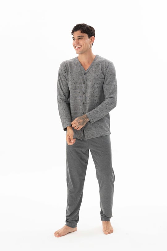 Erkek Antrasit V Yaka Boydan Düğmeli Pijama Takımı - DM26109R