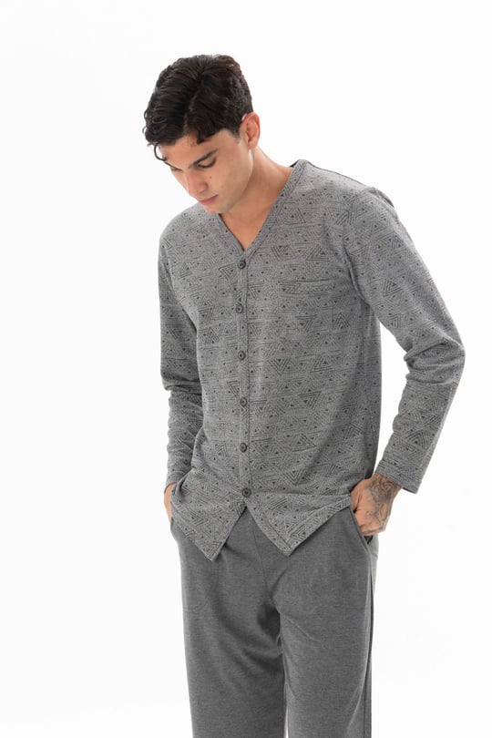 Erkek Antrasit V Yaka Boydan Düğmeli Pijama Takımı - DM26109R