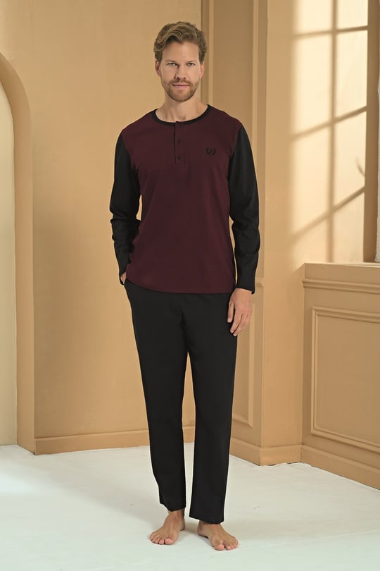 Erkek Bordo Penye %100 Pamuk Patlı Pijama Takımı - 2283R