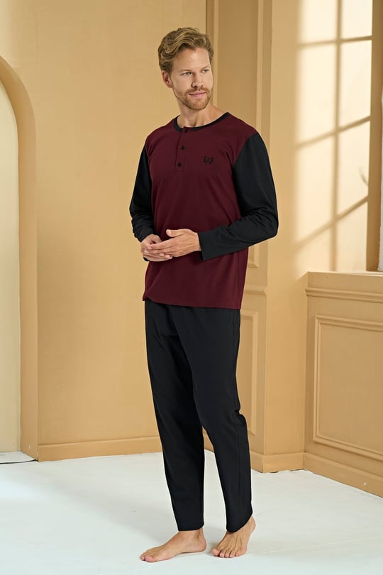 Erkek Bordo Penye %100 Pamuk Patlı Pijama Takımı - 2283R