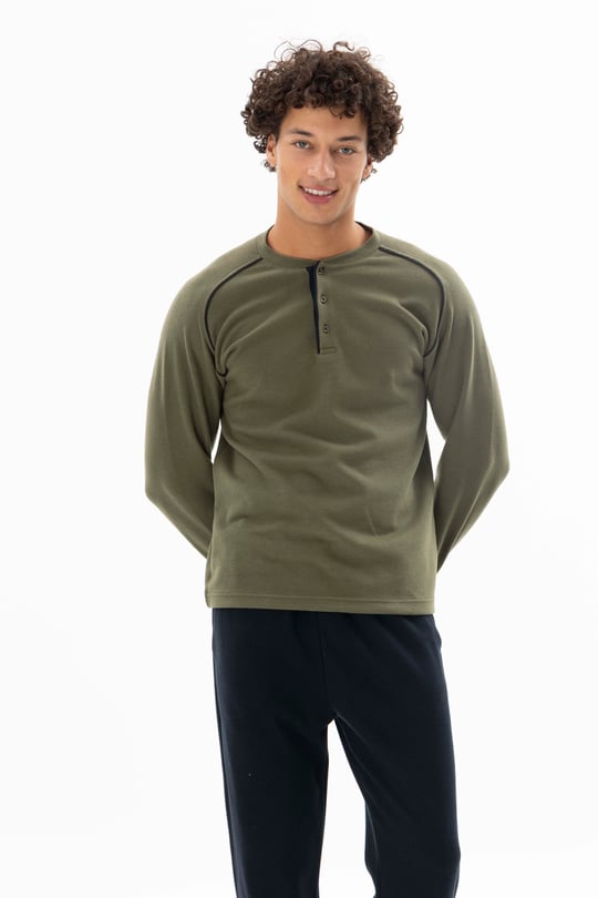 Erkek Haki Midi Yaka Ara Biyeli Pijama Takımı - KG26611R