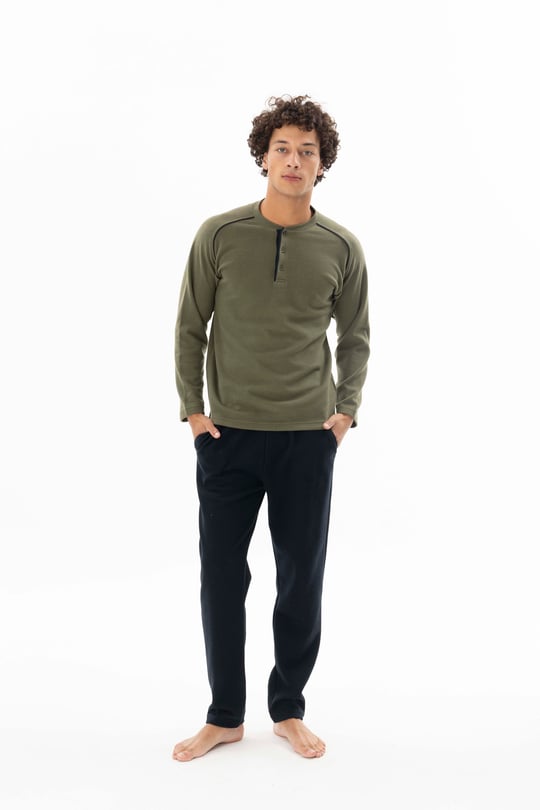 Erkek Haki Midi Yaka Ara Biyeli Pijama Takımı - KG26611R