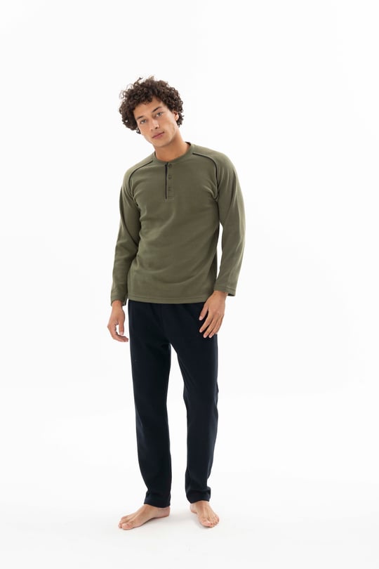 Erkek Haki Midi Yaka Ara Biyeli Pijama Takımı - KG26611R