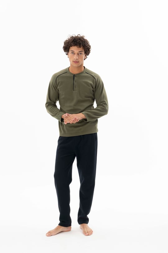 Erkek Haki Midi Yaka Ara Biyeli Pijama Takımı - KG26611R