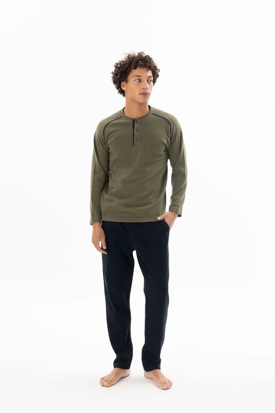 Erkek Haki Midi Yaka Ara Biyeli Pijama Takımı - KG26611R
