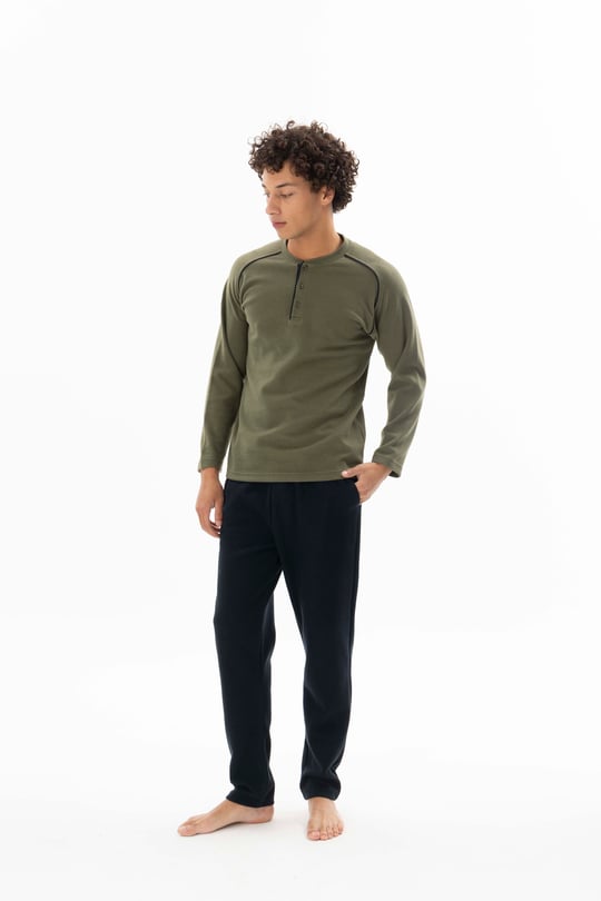 Erkek Haki Midi Yaka Ara Biyeli Pijama Takımı - KG26611R