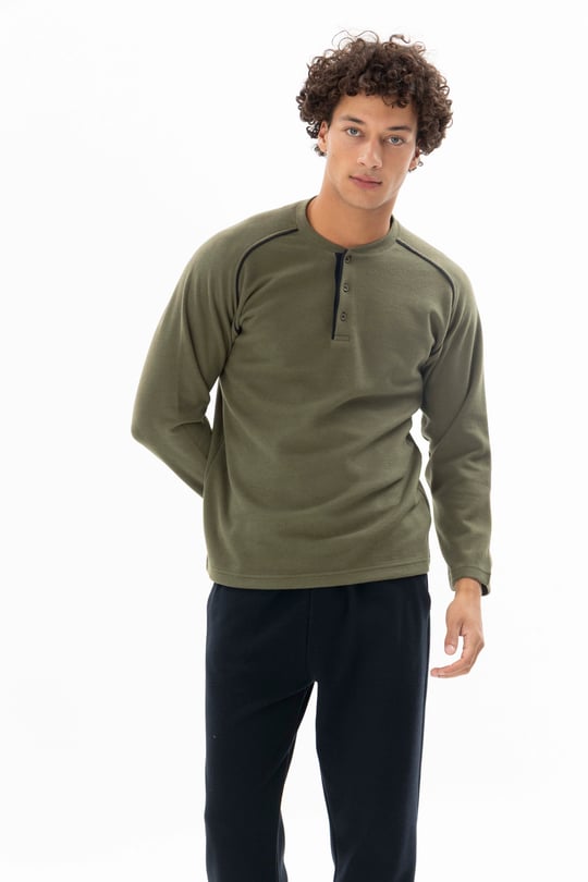 Erkek Haki Midi Yaka Ara Biyeli Pijama Takımı - KG26611R