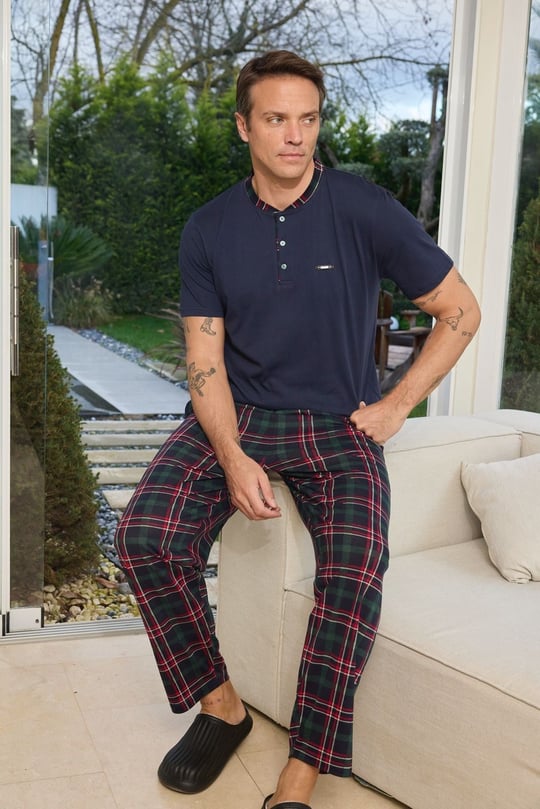 Erkek Laci Patlı Kısa Kol Alt Uzun Pijama Takımı - 6310-6R