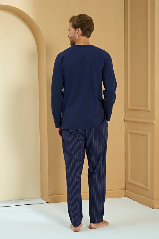Erkek Lacivert %100 Pamuk Patlı Penye Pijama Takımı - 2276R