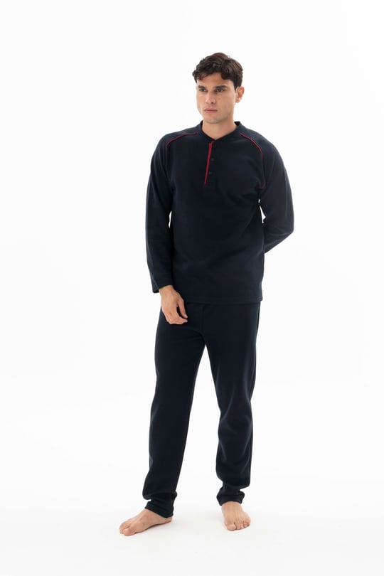 Erkek Lacivert Midi Yaka Ara Biyeli Pijama Takımı - KG26611R