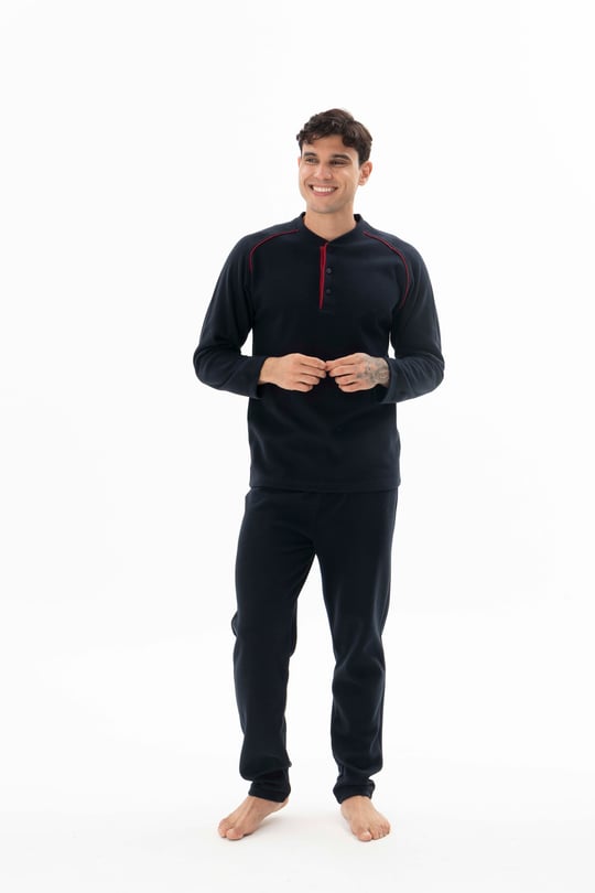 Erkek Lacivert Midi Yaka Ara Biyeli Pijama Takımı - KG26611R