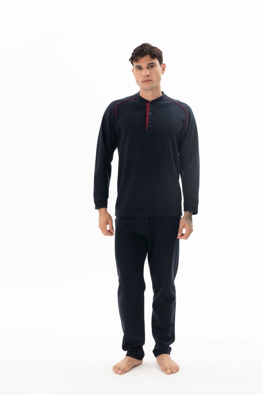 Erkek Lacivert Midi Yaka Ara Biyeli Pijama Takımı - KG26611R