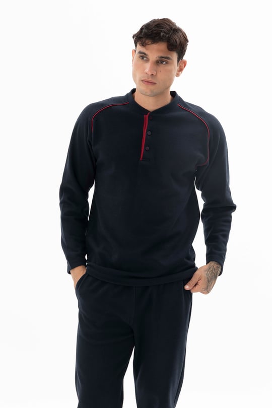 Erkek Lacivert Midi Yaka Ara Biyeli Pijama Takımı - KG26611R