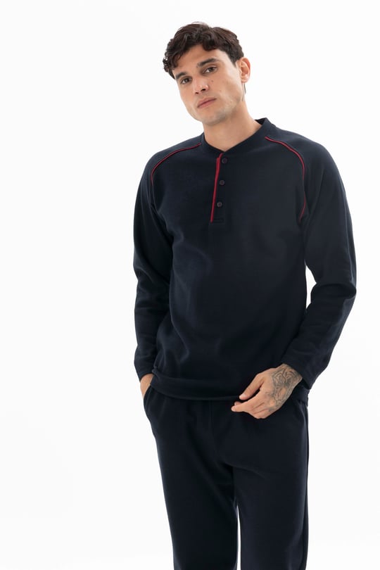 Erkek Lacivert Midi Yaka Ara Biyeli Pijama Takımı - KG26611R