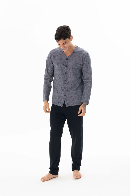 Erkek Lacivert V Yaka Boydan Düğmeli Pijama Takımı - DM26109R