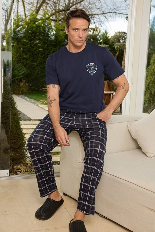 Erkek Penye Laci Baskılı Kısa Kol Alt Uzun Pijama Takımı - 6561-2R