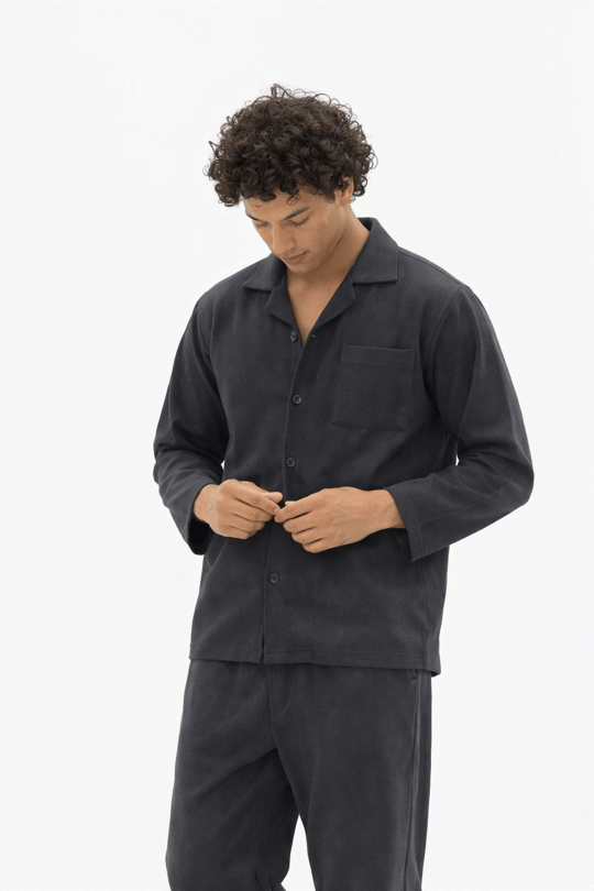 Erkek Siyah Dokuma Pazen Apaj Yaka Pijama Takımı - 4040R