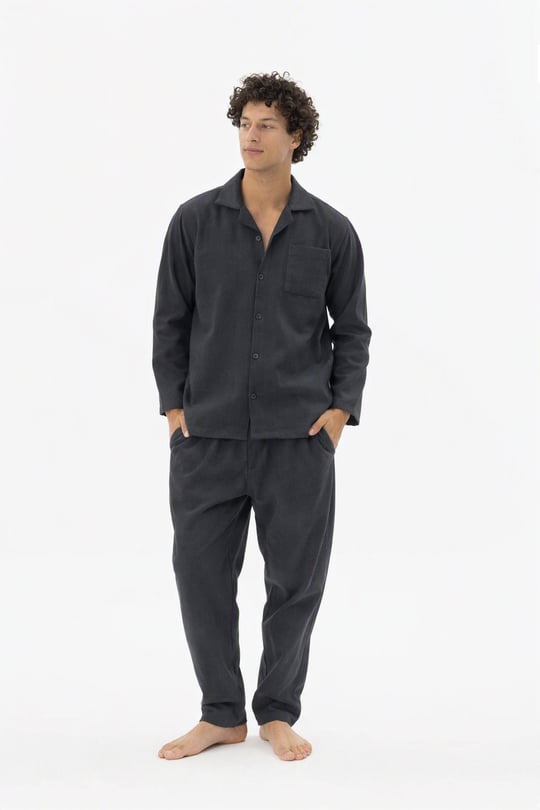 Erkek Siyah Dokuma Pazen Apaj Yaka Pijama Takımı - 4040R