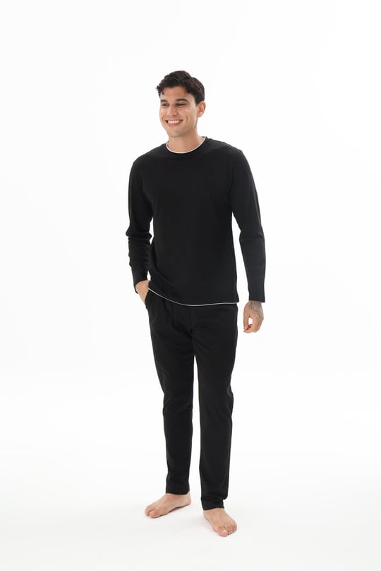 Erkek Siyah Yuvarlak Yaka Pijama Takımı - 9222R