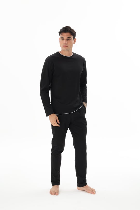 Erkek Siyah Yuvarlak Yaka Pijama Takımı - 9222R