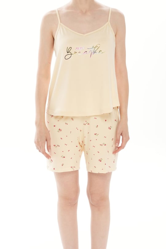 Kadın Bej İp Askılı Şortlu Pijama Takım - 7624-88R
