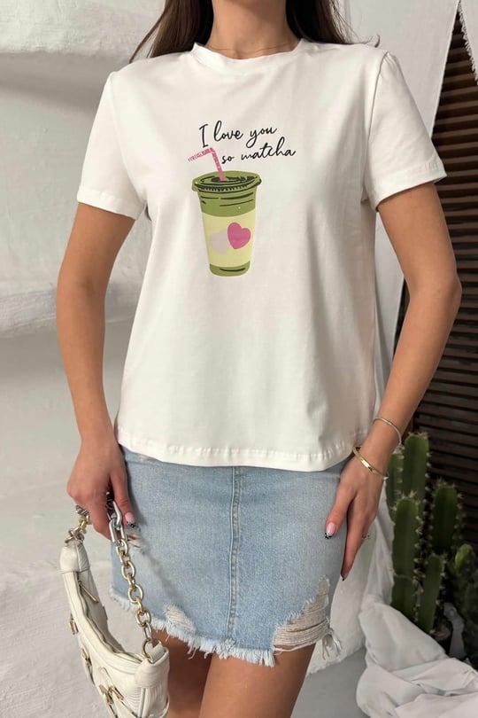 Kadın Beyaz Baskılı %100 Pamuk Tişört - 297RLX-3