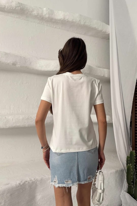 Kadın Beyaz Baskılı %100 Pamuk Tişört - 297RLX-3