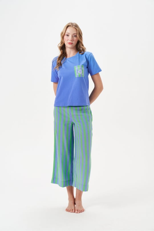 Kadın Çizgili Pantolonlu Kısa Kollu Pijama Takımı - 29044R