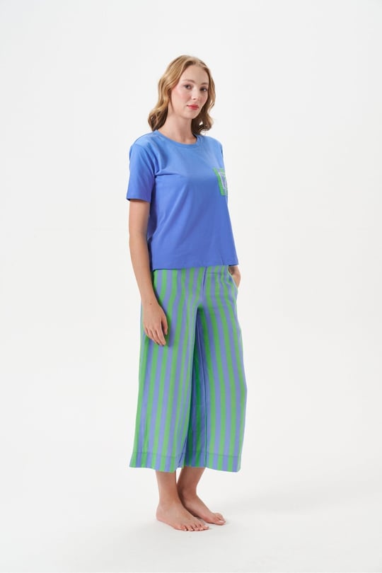 Kadın Çizgili Pantolonlu Kısa Kollu Pijama Takımı - 29044R