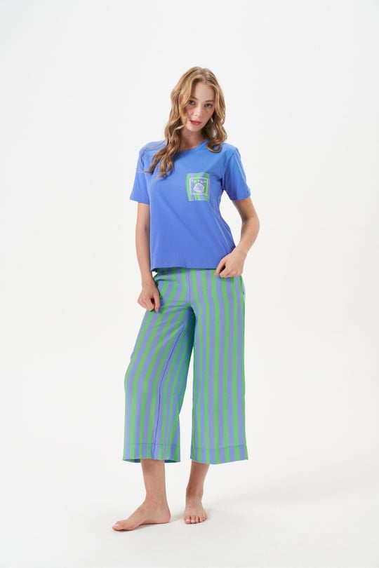Kadın Çizgili Pantolonlu Kısa Kollu Pijama Takımı - 29044R