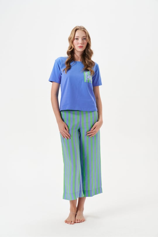 Kadın Çizgili Pantolonlu Kısa Kollu Pijama Takımı - 29044R