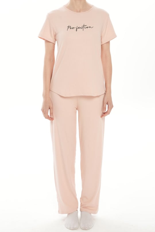Kadın Dublin Raporlu Pembe Kısa Kol Alt Uzun Fitilli Pijama Takım - 5395-5R