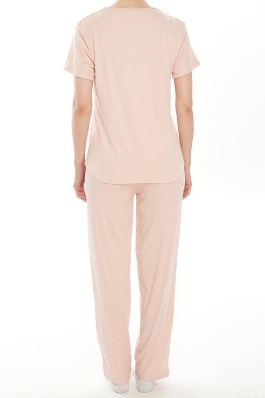 Kadın Dublin Raporlu Pembe Kısa Kol Alt Uzun Fitilli Pijama Takım - 5395-5R