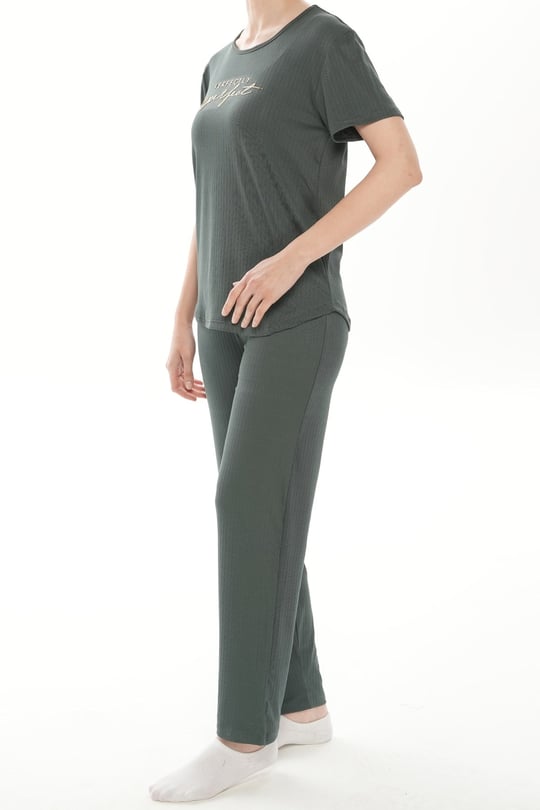 Kadın Dublin Raporlu Yeşil Kısa Kol Alt Uzun Fitilli Pijama Takım - 5395-5R