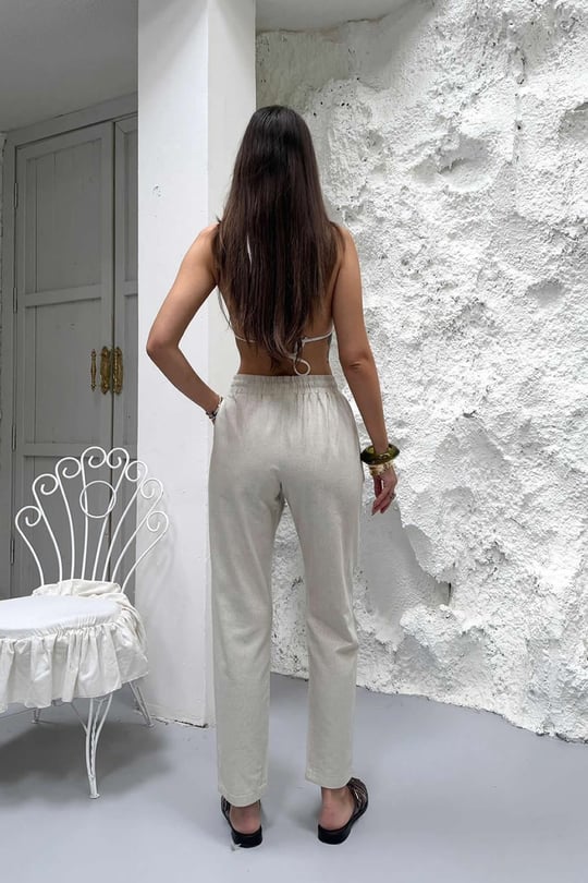 Kadın Ekru Havuç Paça Keten Pantolon - 5102RLX