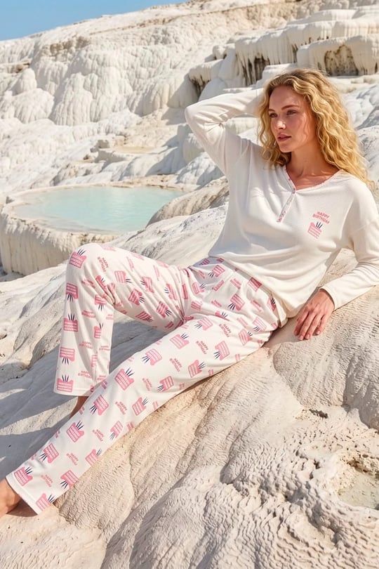 Kadın Ekru İnce Patlı Pijama Takımı - 8816-11R