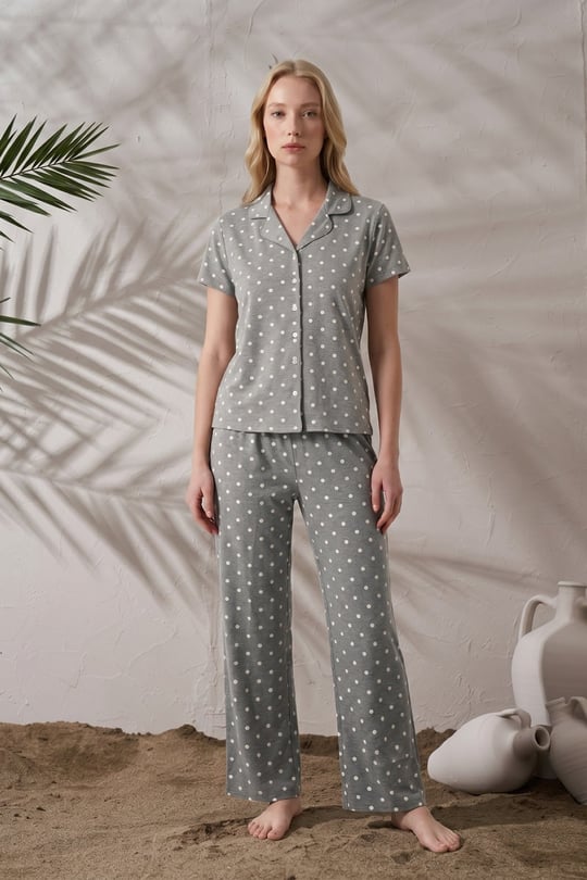 Kadın Gri Viskon Gömlek Pijama Takımı - LB1002R