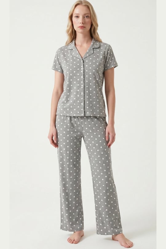 Kadın Gri Viskon Gömlek Pijama Takımı - LB1002R