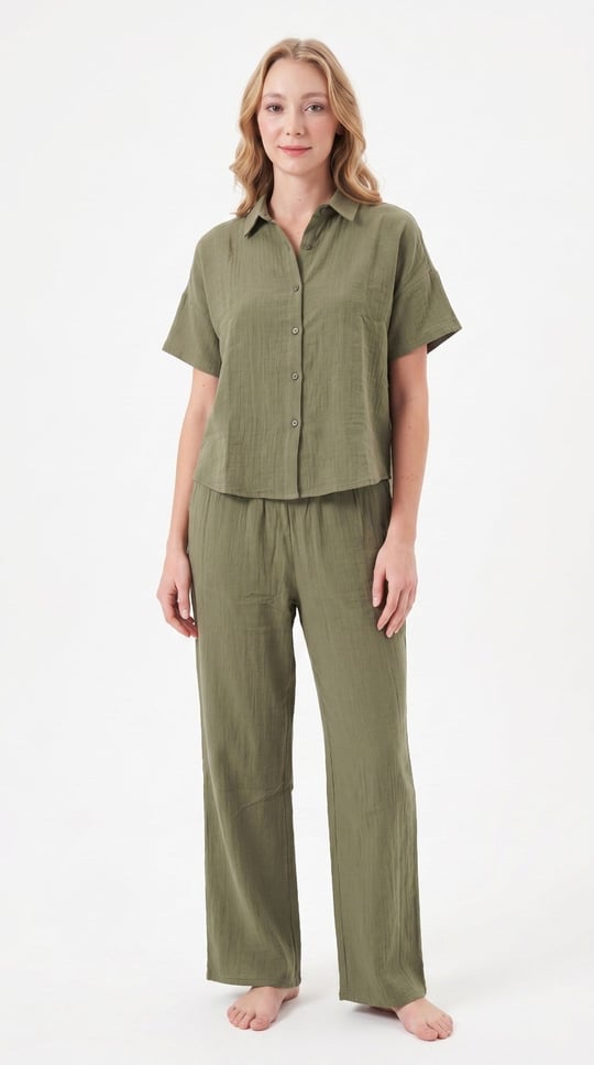 Kadın Haki Müslim Gömlek Pijama Takımı - LB1009R