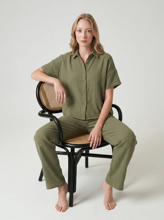 Kadın Haki Müslim Gömlek Pijama Takımı - LB1009R
